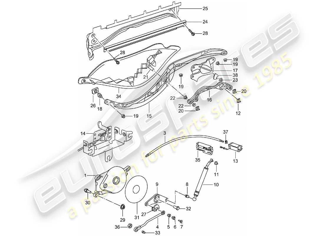 porsche 2001 (986 boxster) top frame drive unit convertible top stowage box cover parts diagram