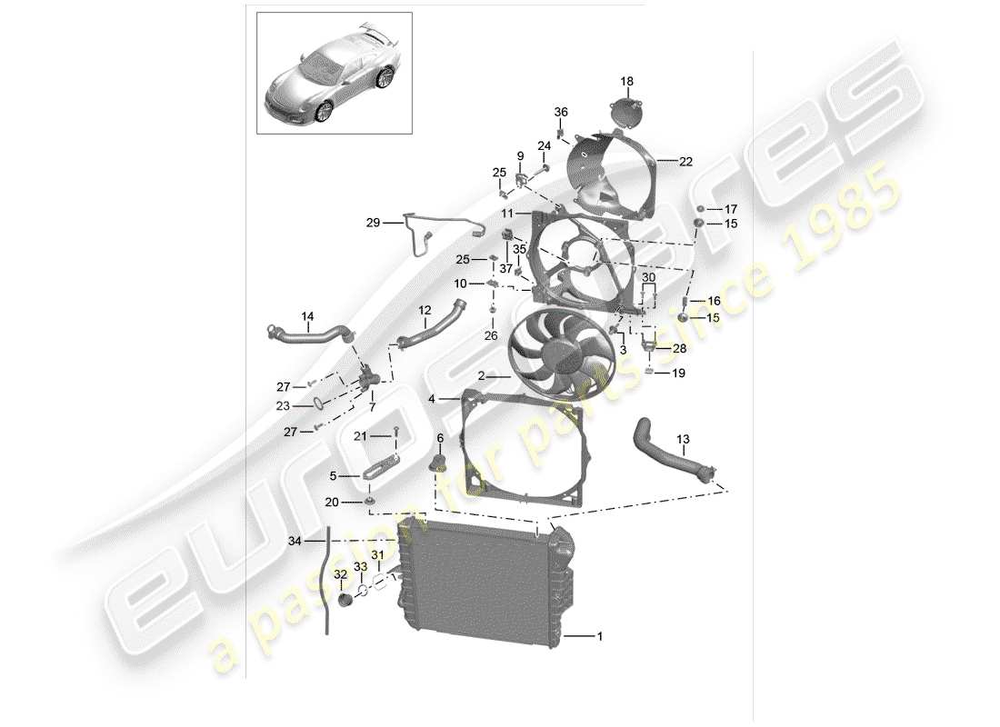 porsche 2014 (991-1 r/gt3/rs) coolant cooling system cooler for coolant radiator fan part diagram