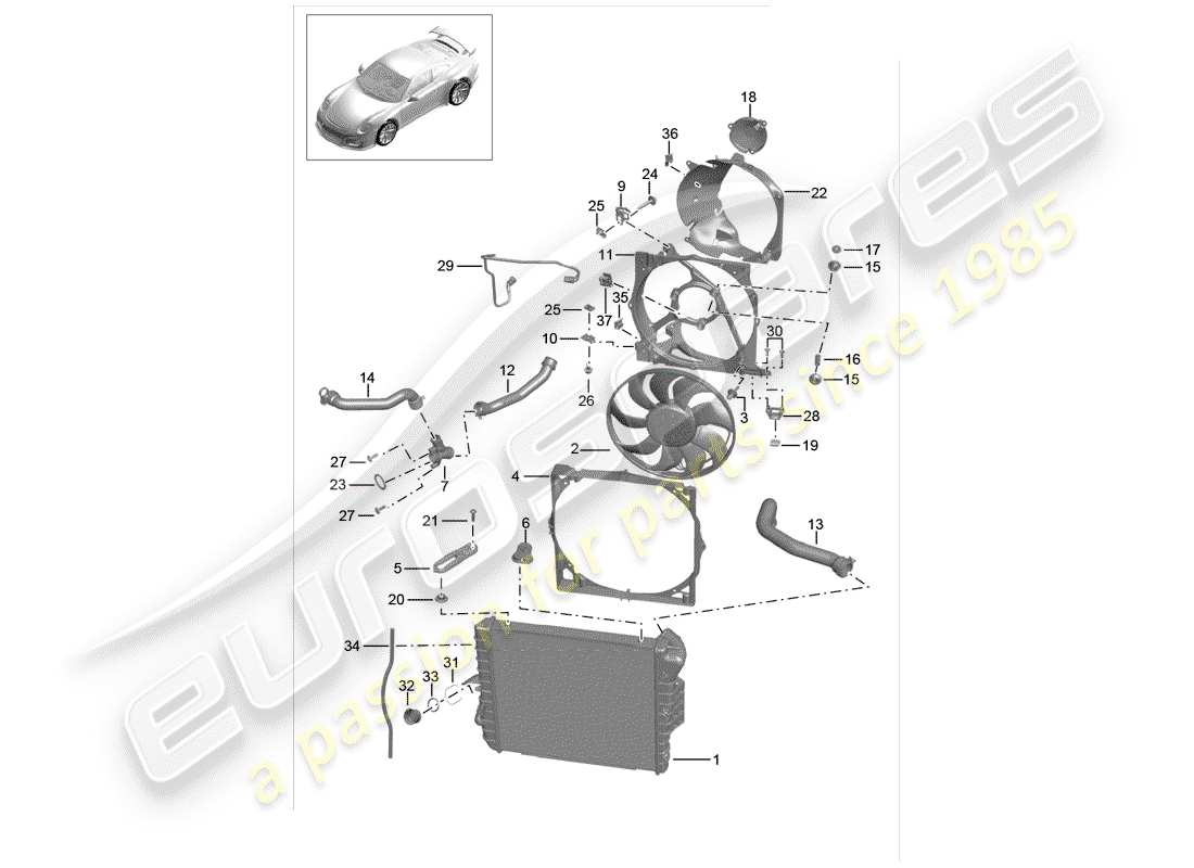 porsche 991r/gt3/rs (2014) water cooling parts diagram