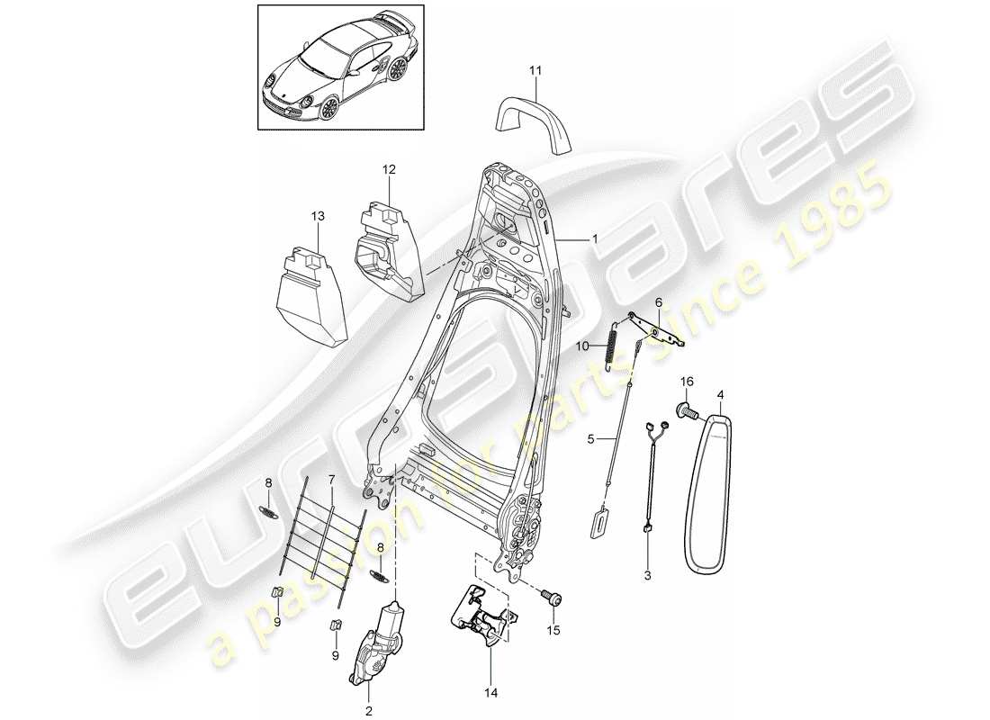 porsche 2011 (997-2 turbo / gt2 rs) backrest frame parts diagram
