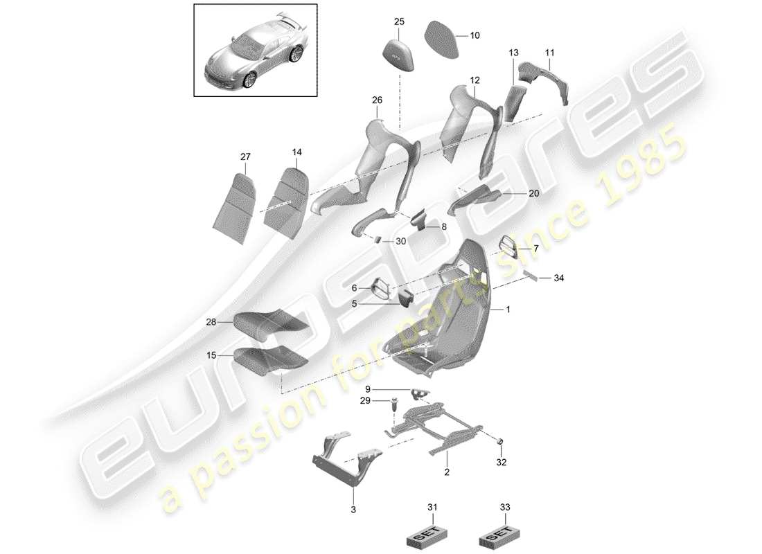 porsche 2014 (991-1 r/gt3/rs) bucket seat seat frame seat covers backrest covers foam part part diagram