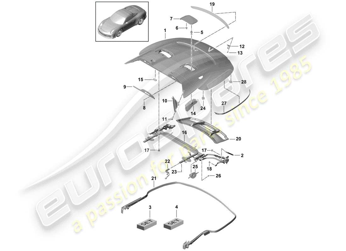 porsche 2014 (991-1 r/gt3/rs) cabrio top stowage box cover part diagram