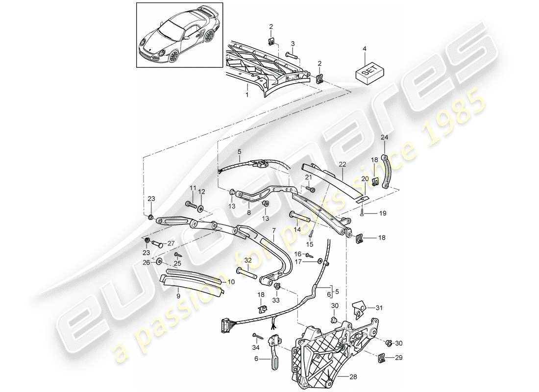 porsche 2012 (997-2 turbo / gt2 rs) top frame parts diagram