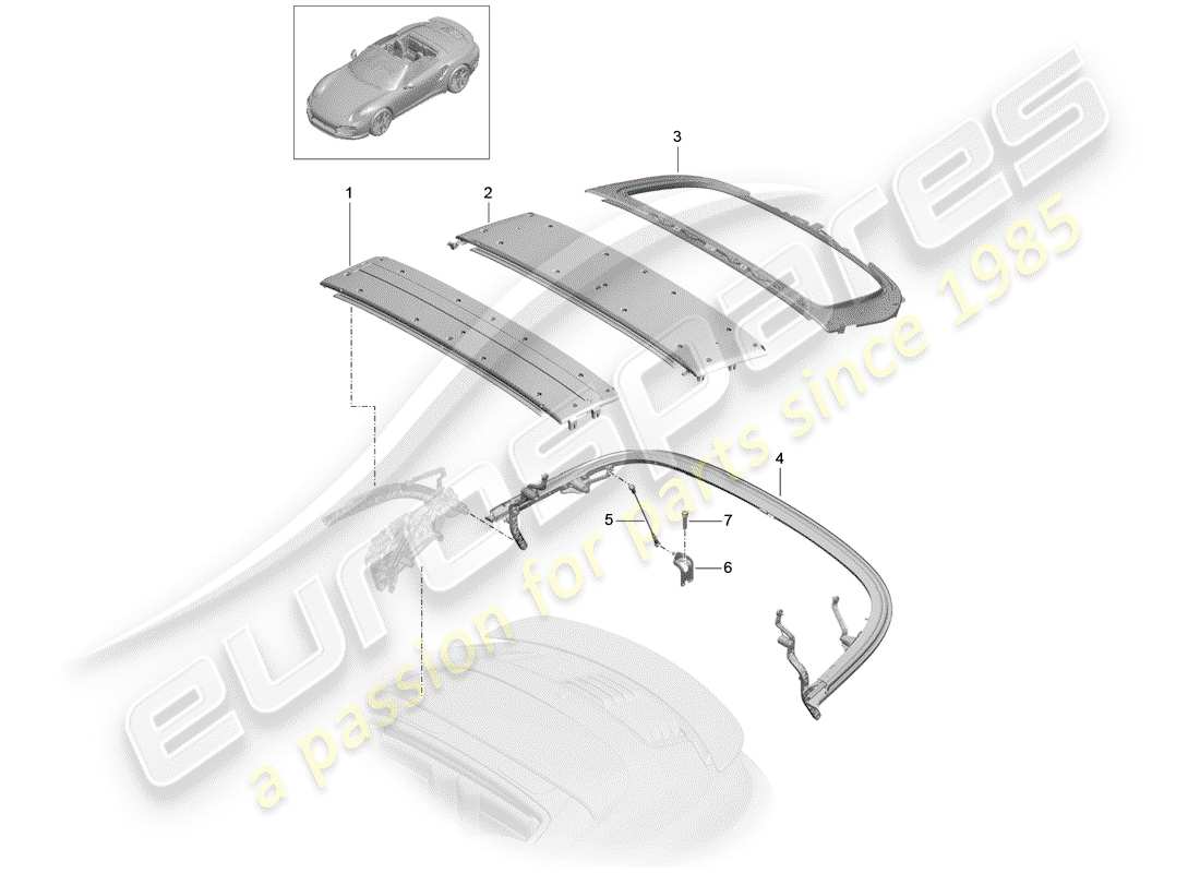 porsche 2014 (991-1 turbo) top frame individual parts roof arch part diagram