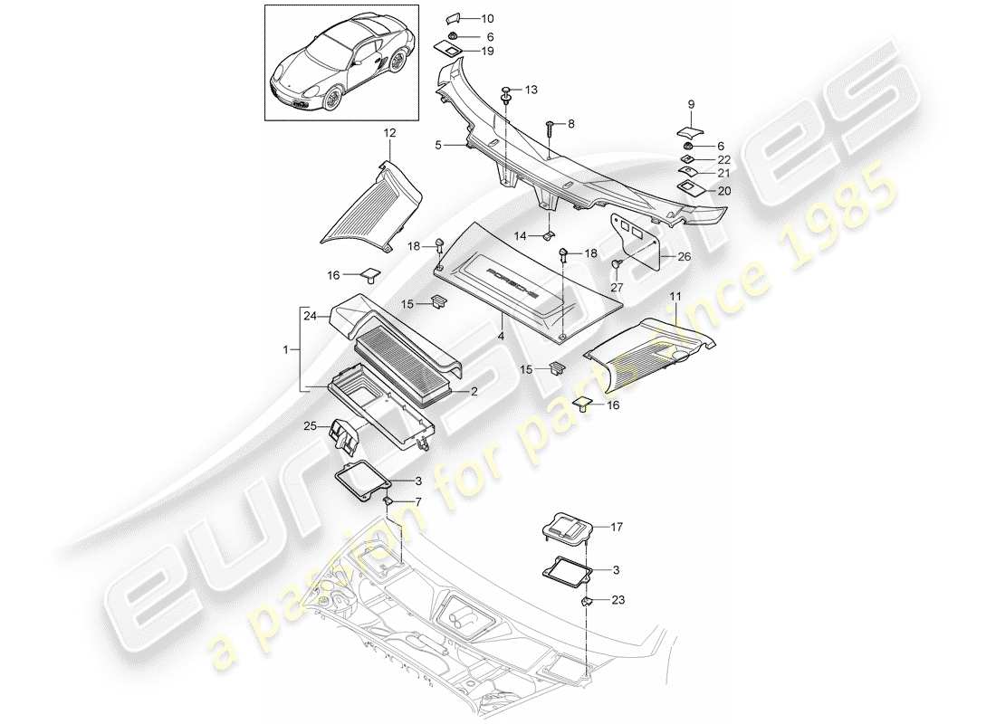porsche 2012 (987 cayman) particulate filter cover for scuttle part diagram