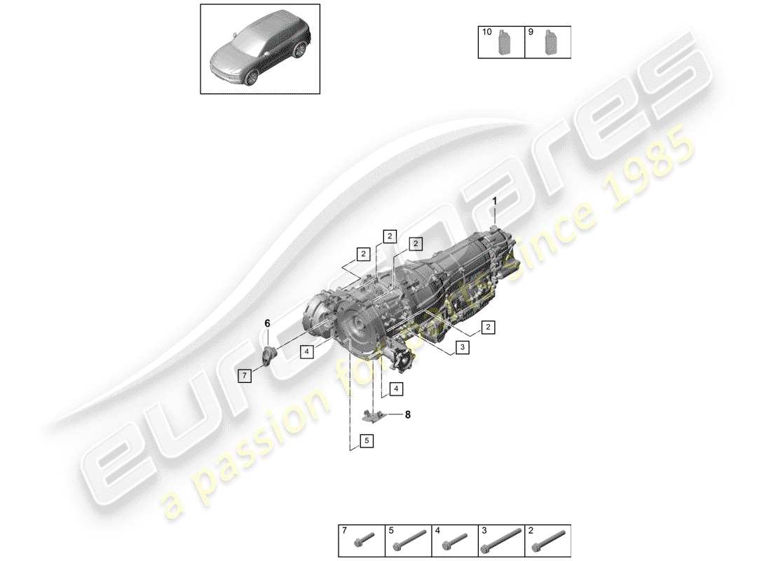 porsche 2019 (cayenne e3 9ya/9yb) 8-speed automatic gearbox for vehicles with hybrid drive mounting parts for engine and transmission parts diagram
