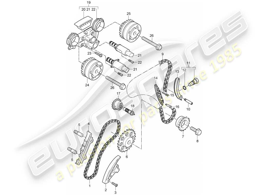 porsche 2008 (cayenne e1 9pa) timing chain slide rail camshaft adjuster unit part diagram