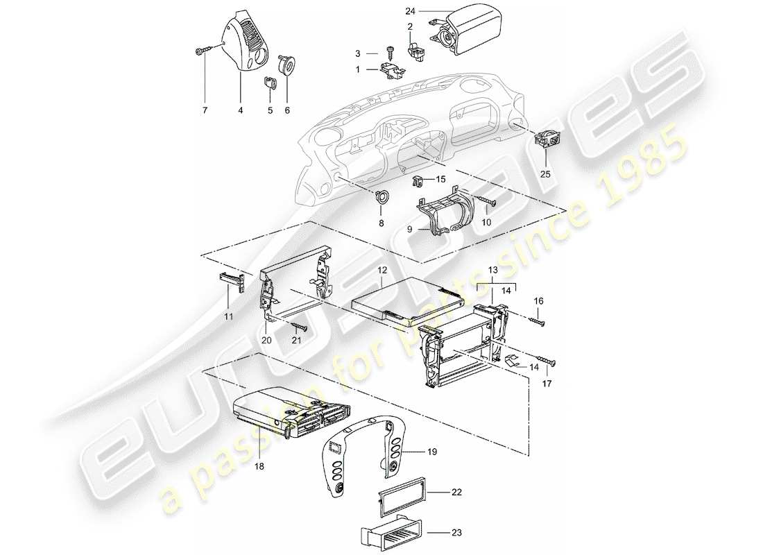 porsche 2001 (996 turbo / gt2) accessories - dash panel trim part diagram