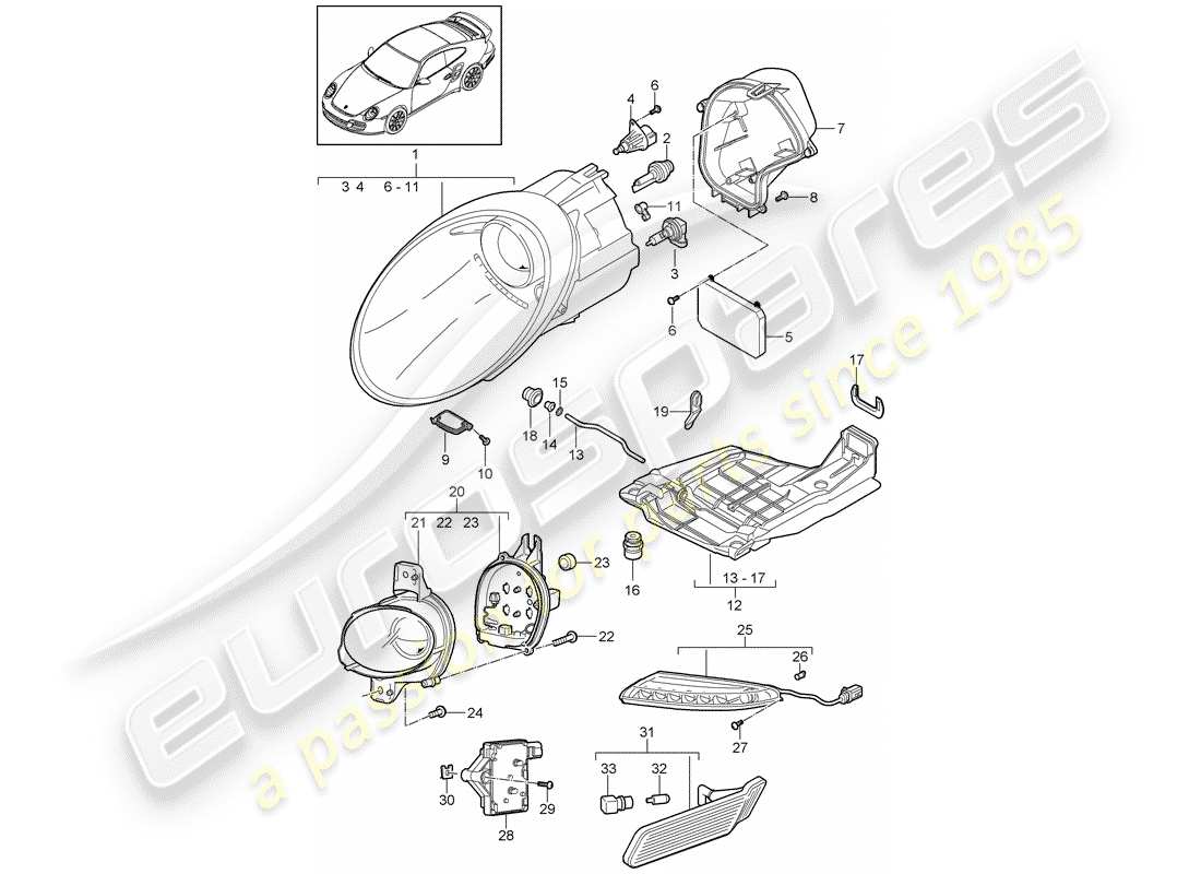 porsche 2012 (997-2 turbo / gt2 rs) headlamp parts diagram