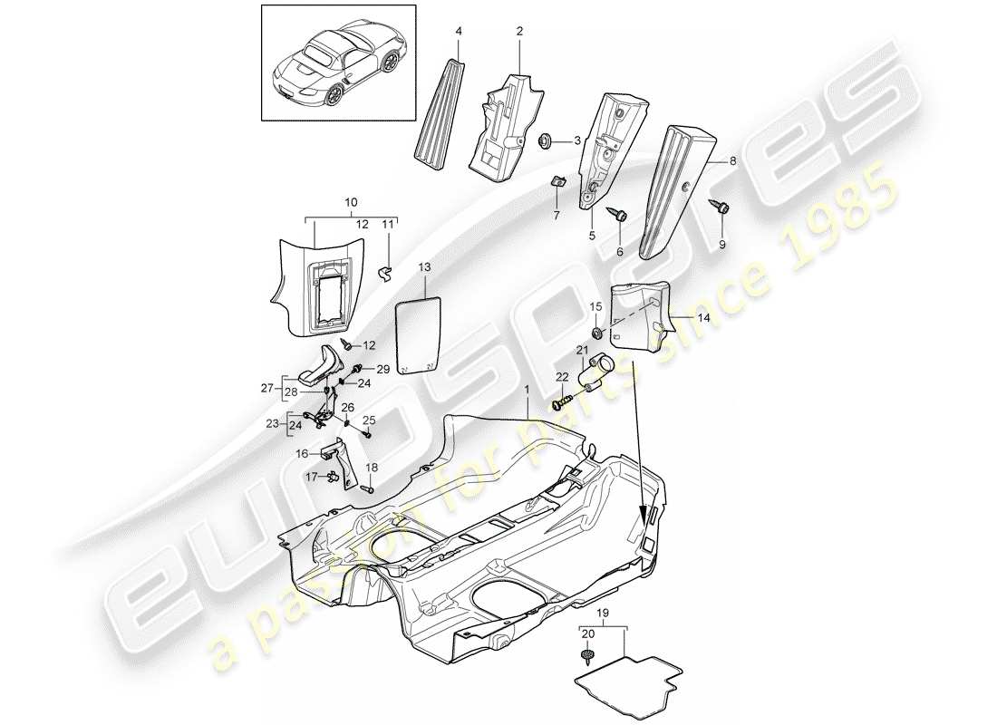 porsche 2010 (987 boxster) interior equipment flooring trims parts diagram