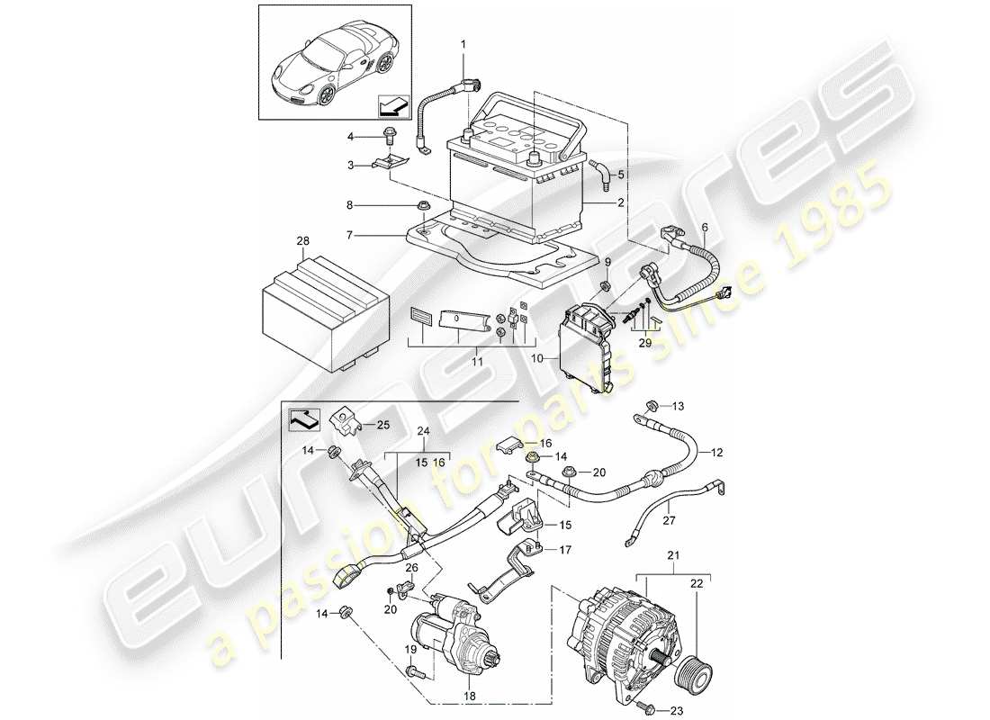 porsche 2012 (987 boxster) battery potential distributor starter alternator parts diagram