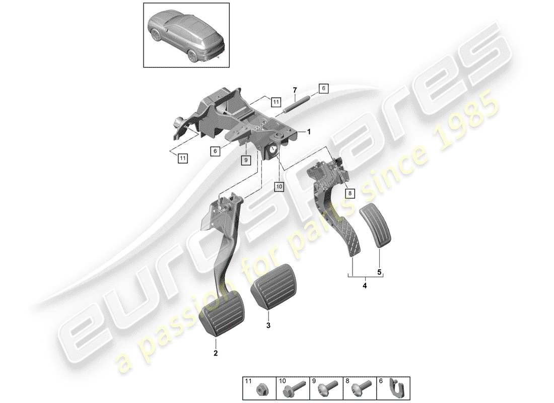 porsche 2018 (cayenne e3 9ya/9yb) brake and accel. lever mech. lhd parts diagram