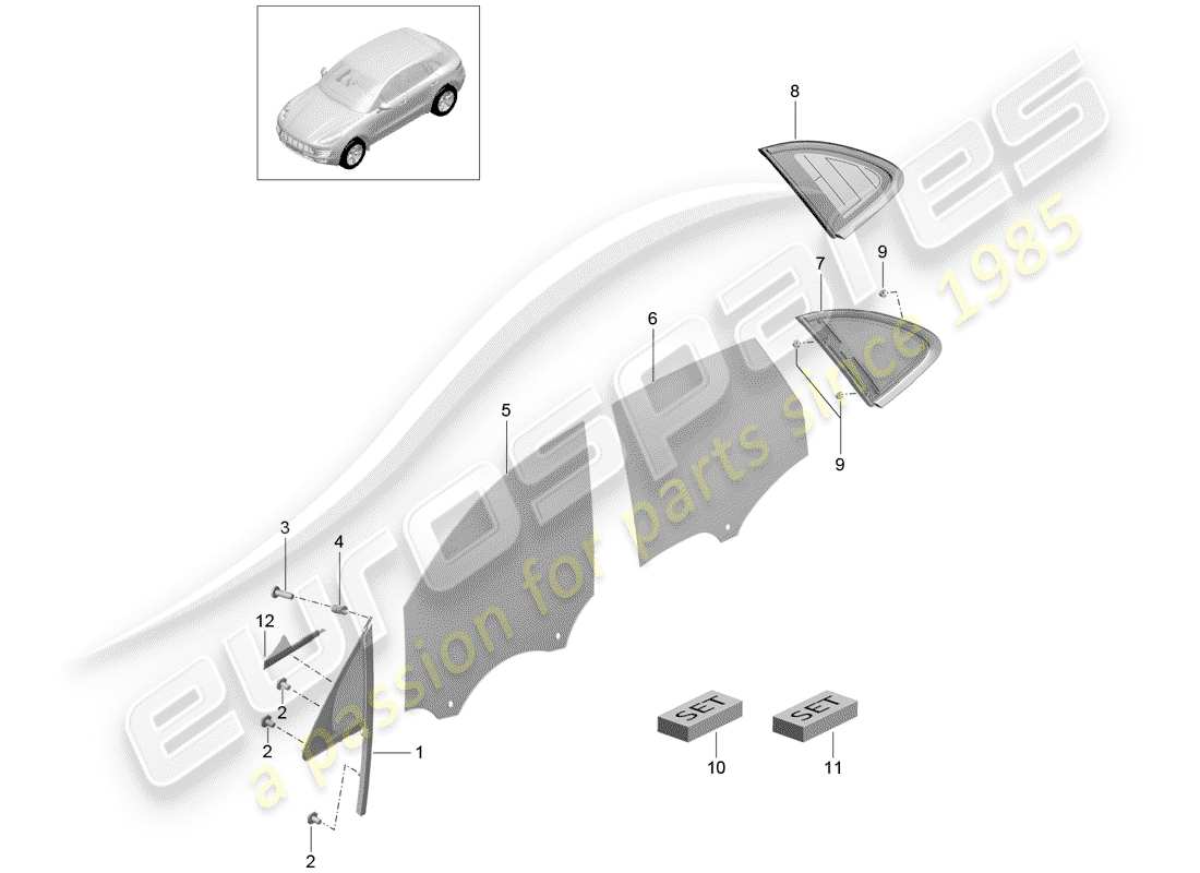 porsche 2014 (macan) side window side d - mj 2017>> parts diagram