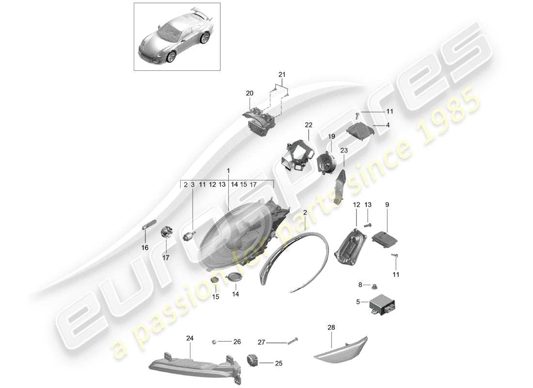 porsche 991r/gt3/rs (2019) headlamp part diagram
