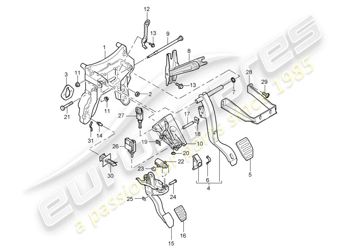 porsche 2010 (cayenne e1 9pa) brake and clutch pedals cluster manual gearbox parts diagram