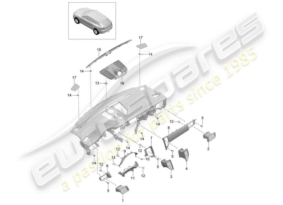 porsche 2014 (macan) accessories instrument panel trim upper part parts diagram