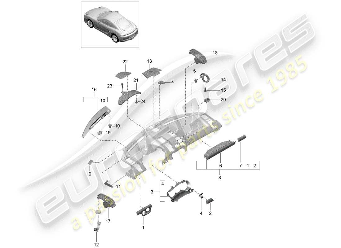 porsche 2015 (981 cayman) accessories instrument panel trim upper part part diagram