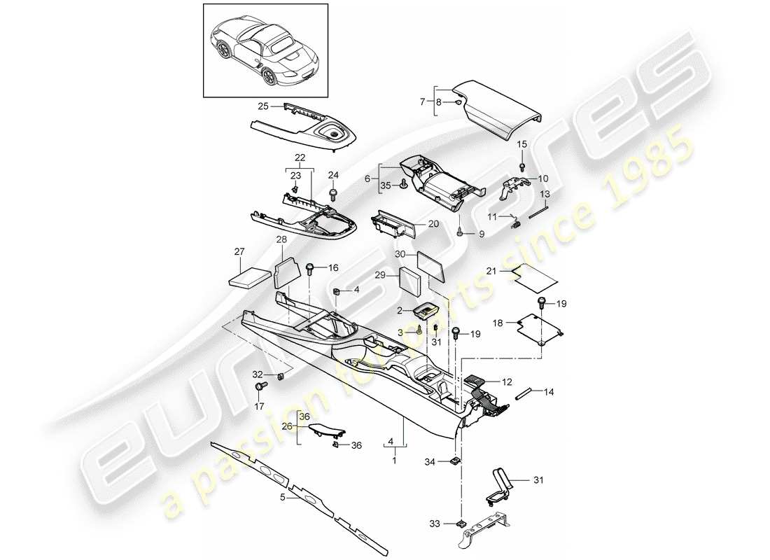 porsche 2012 (987 boxster) centre console rear parts diagram