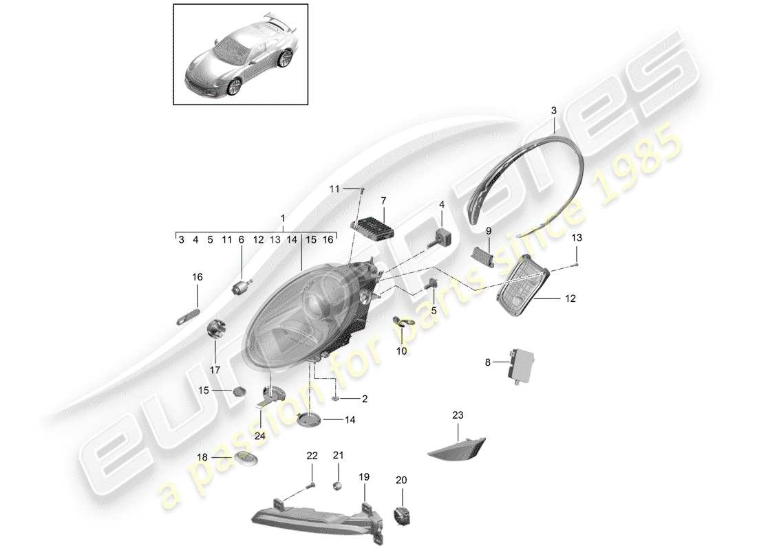 porsche 991r/gt3/rs (2020) headlamp part diagram