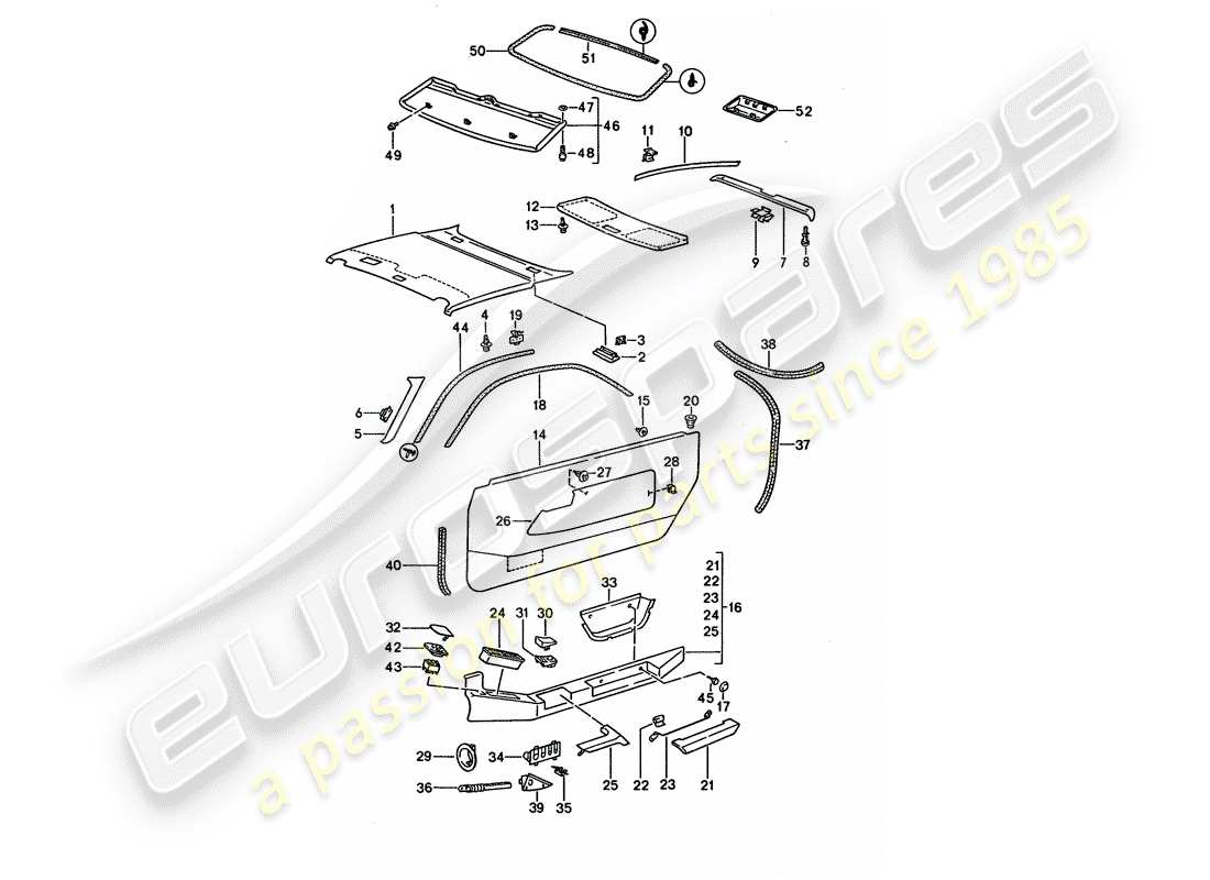 porsche 1992 (928) door panel - roof trim panel part diagram