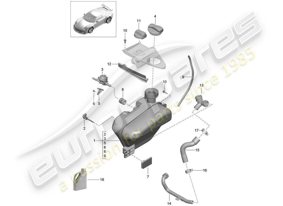 porsche 2015 (991-1 r/gt3/rs) coolant cooling system reservoir part diagram