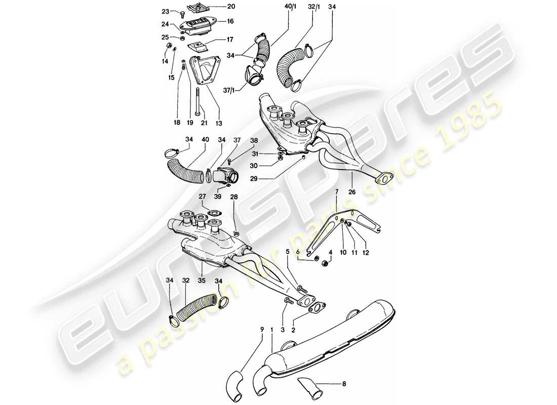 porsche 1971 (914) exhaust system - heating air supply - engine suspension part diagram
