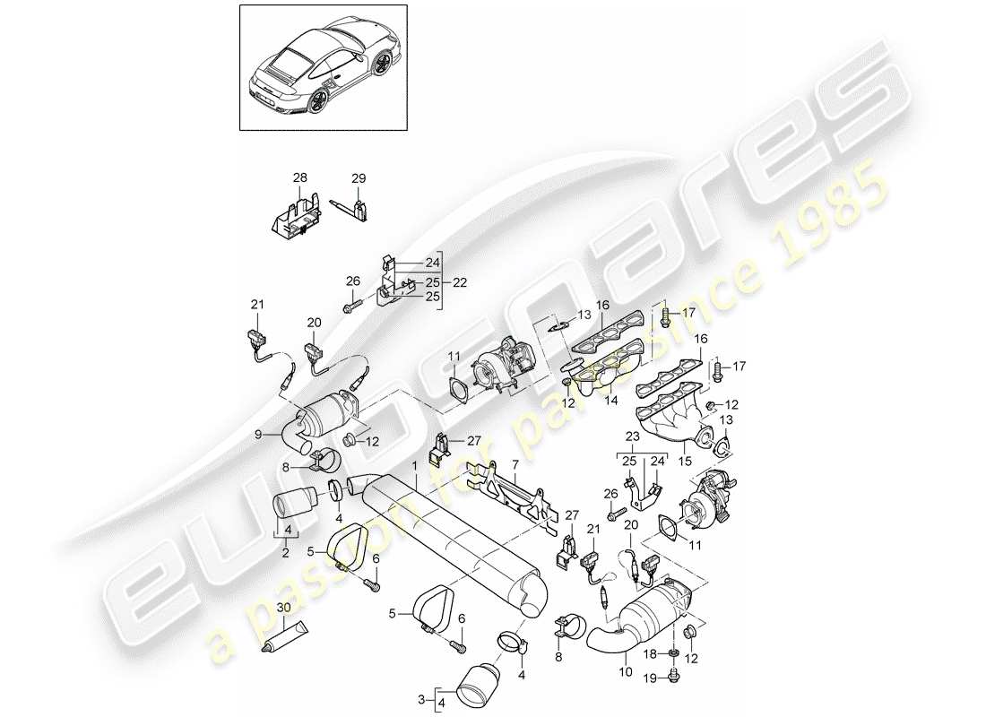 porsche 2011 (997-2 turbo / gt2 rs) exhaust system parts diagram