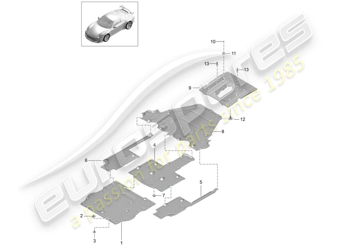 porsche 2014 (991-1 r/gt3/rs) underbody trim part diagram