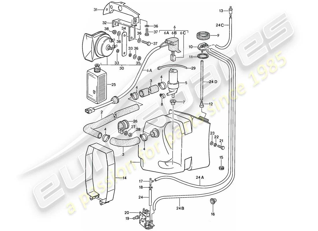 porsche 1989 (911) special model - flatnose design - windshield washer unit - horn part diagram