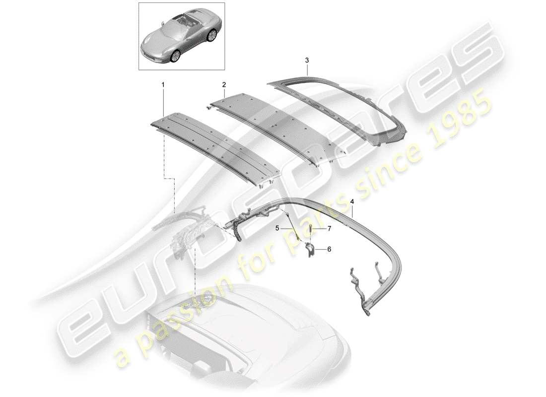 porsche 2016 (991-1) top frame individual parts roof arch parts diagram