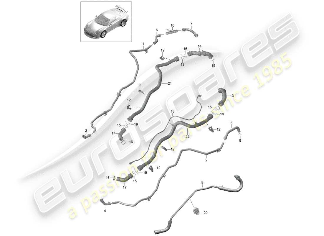 porsche 2014 (991-1 r/gt3/rs) coolant cooling system rear end heater breather line part diagram