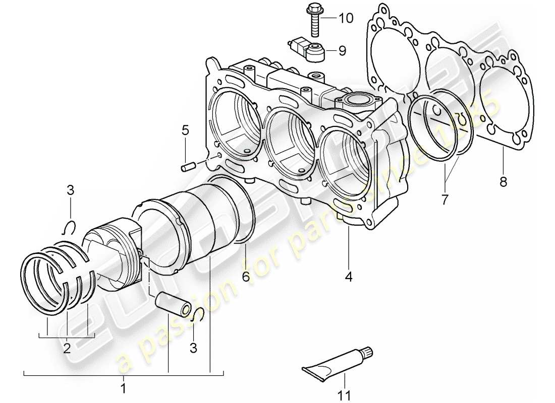 porsche 2010 (997-2 gt3) cylinder with pistons parts diagram