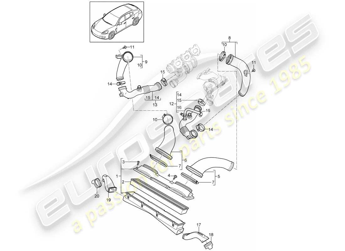 porsche 2012 (panamera 970) air filter with connecting parts part diagram