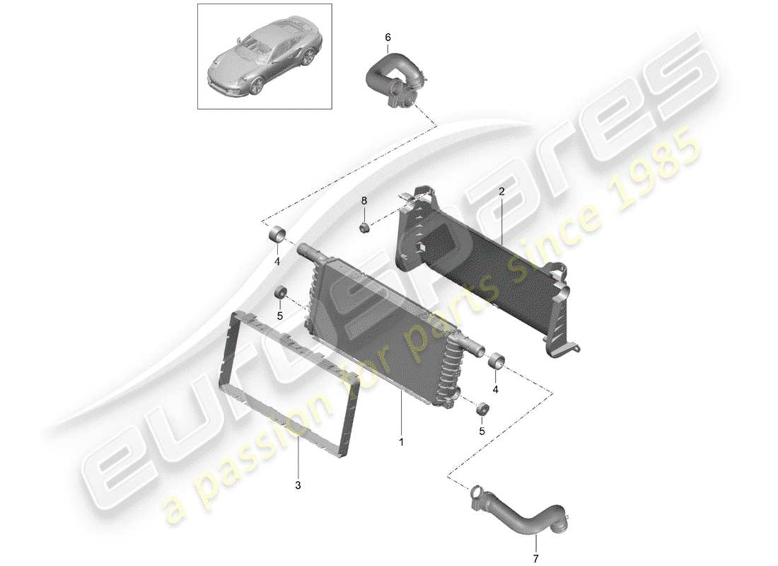 porsche 2016 (991-1 turbo) cooler for coolant center part diagram