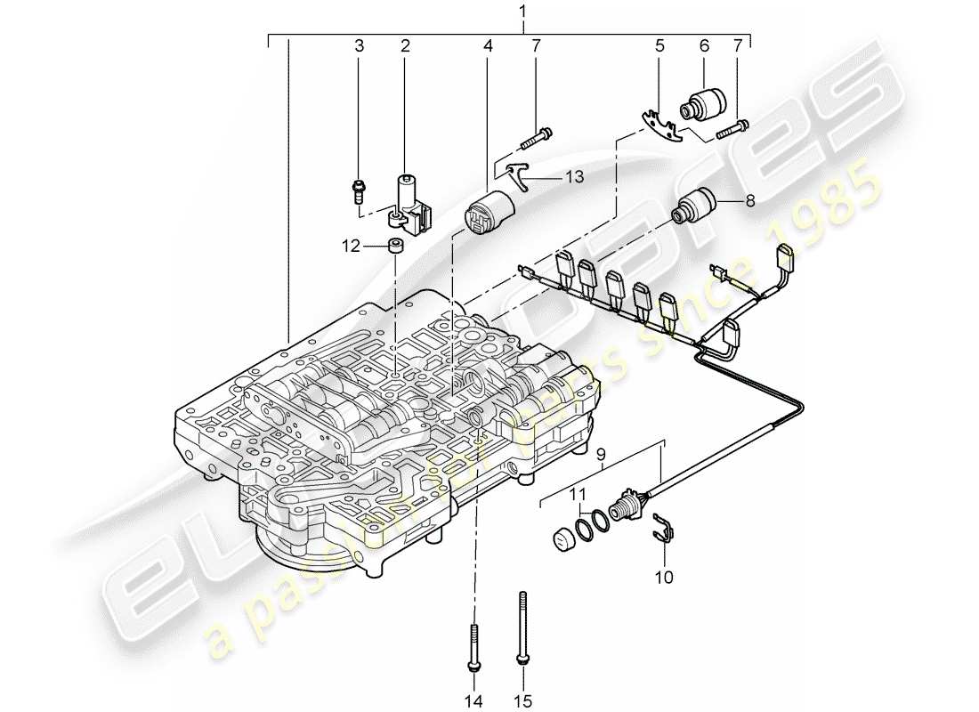 porsche 2006 (987 cayman) tiptronic valve body solenoid valve pressure regulator part diagram