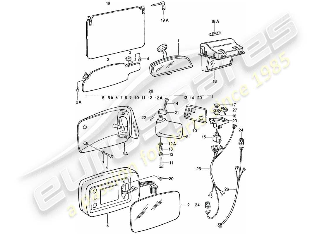 porsche 1981 (928) sun vizor - rear view mirror - rear view mirror inner - vanity mirror part diagram