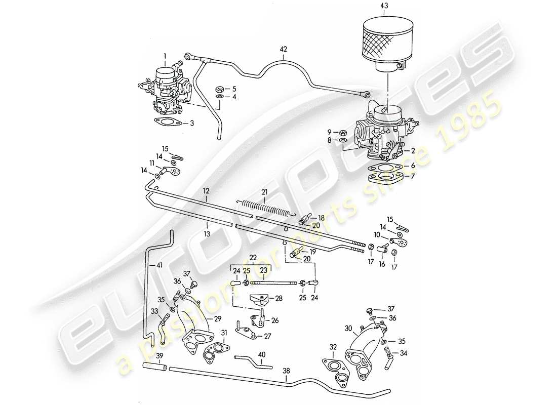 porsche 1954 (356/356a) carburetor - solex 32pbj - solex 40pjcb - and - fuel supply line - fuel pump part diagram