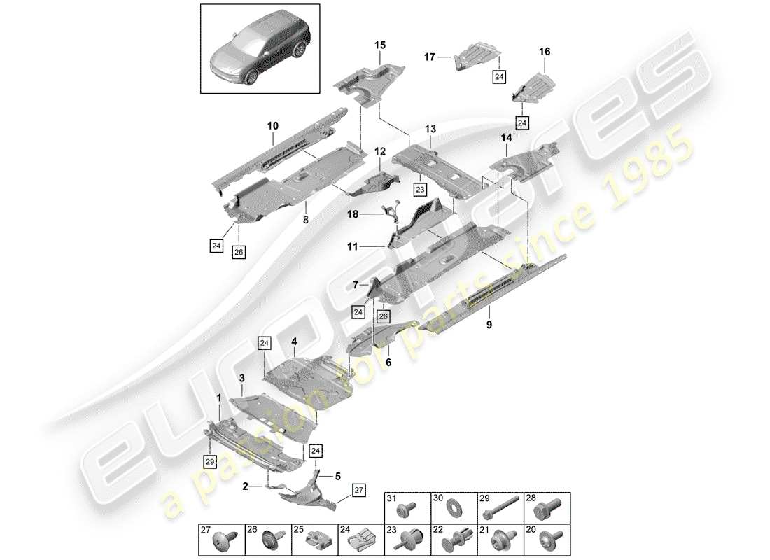 porsche 2019 (cayenne e3 9ya/9yb) trim underbody trim parts diagram