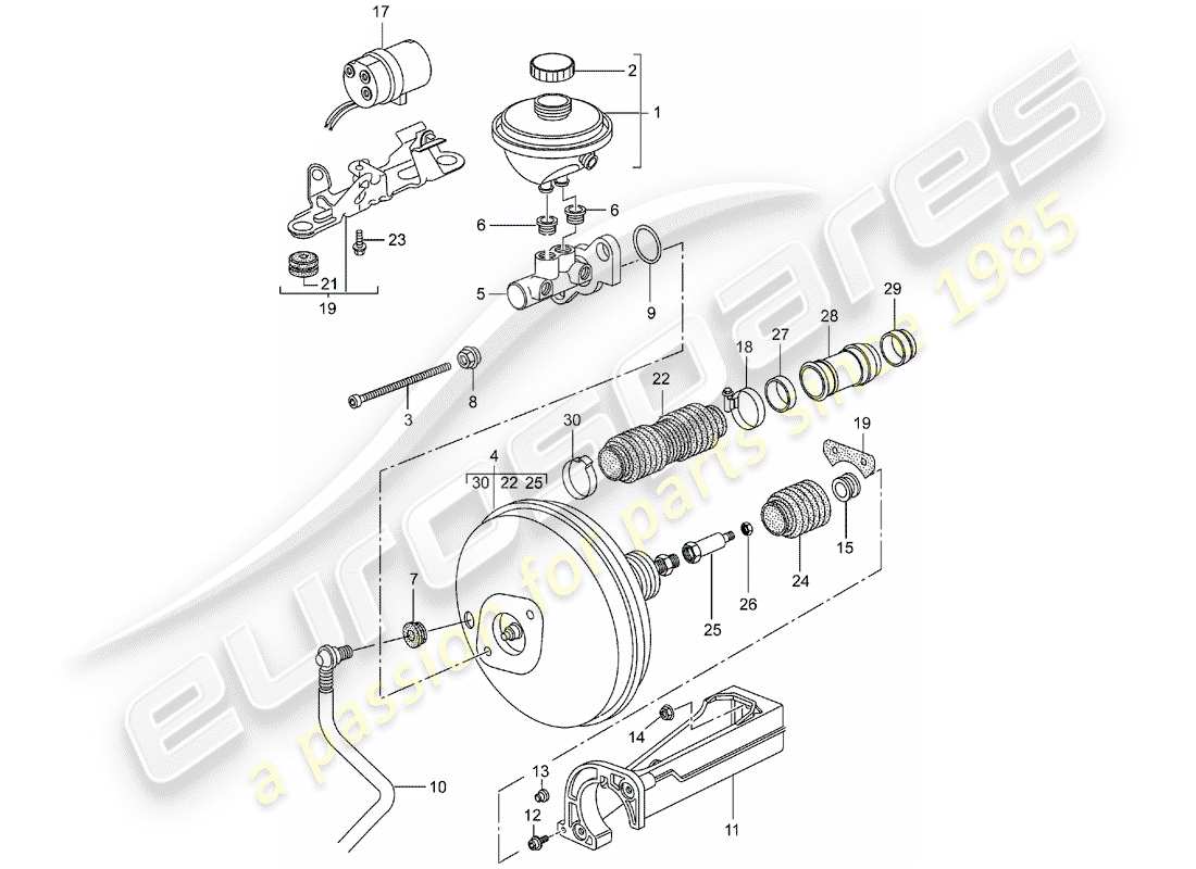 porsche boxster 986 (2003) brake master cylinder - brake booster - clutch pump parts diagram