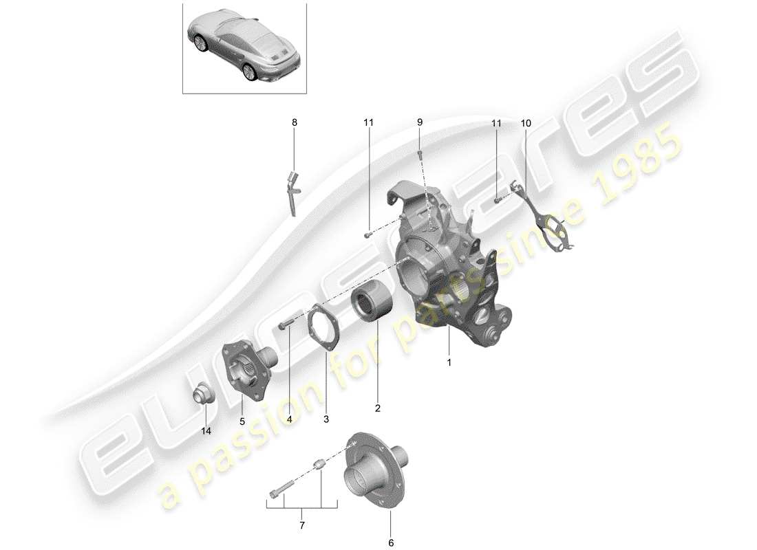 porsche 2014 (991-1 turbo) rear axle wheel carrier wheel hub d - mj 2017>> part diagram