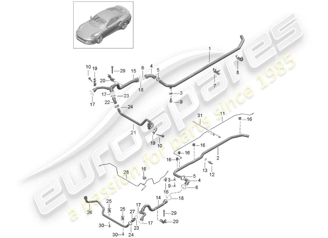 porsche 2014 (991-1 turbo) coolant cooling system front end part diagram