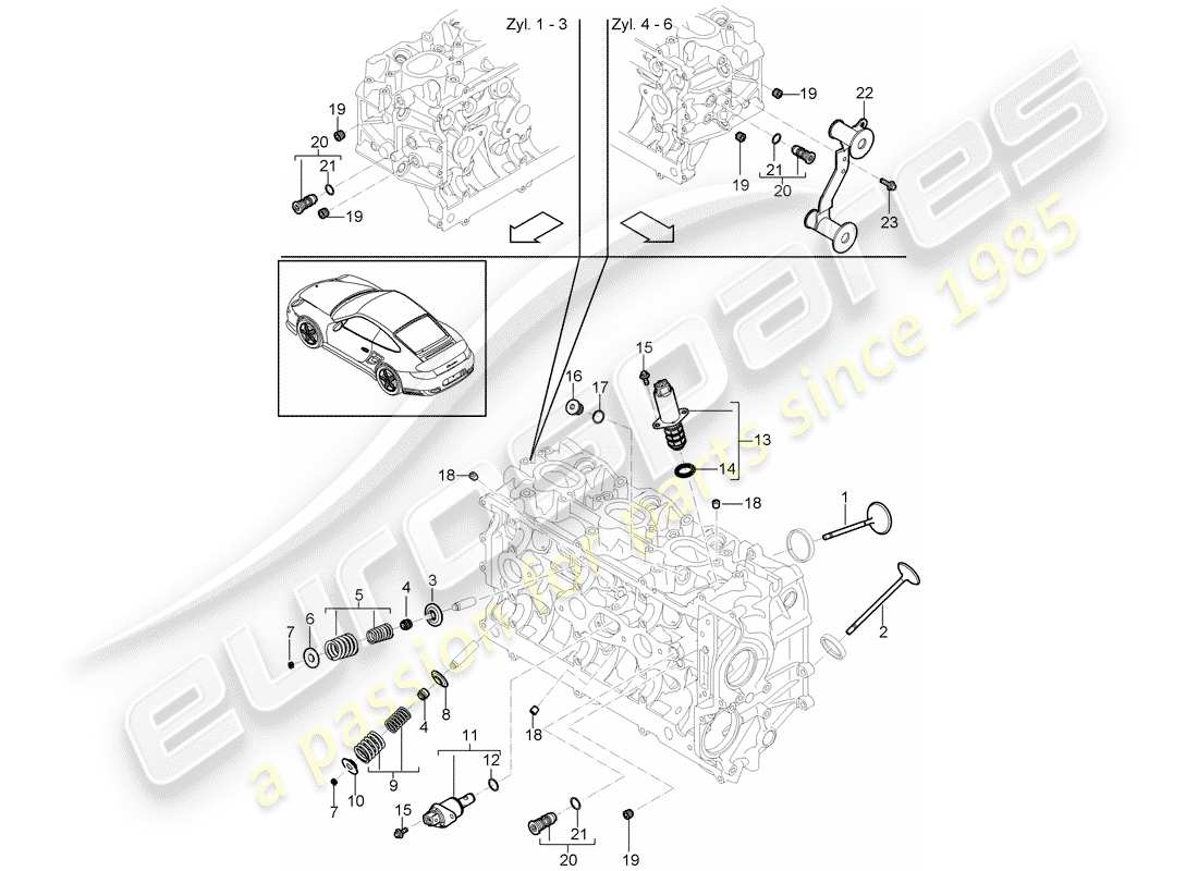 porsche 911 t/gt2rs (2011) cylinder head parts diagram