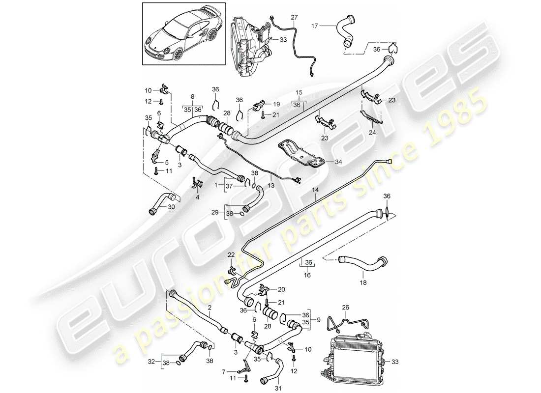 porsche 2012 (997-2 turbo / gt2 rs) water cooling 2 parts diagram
