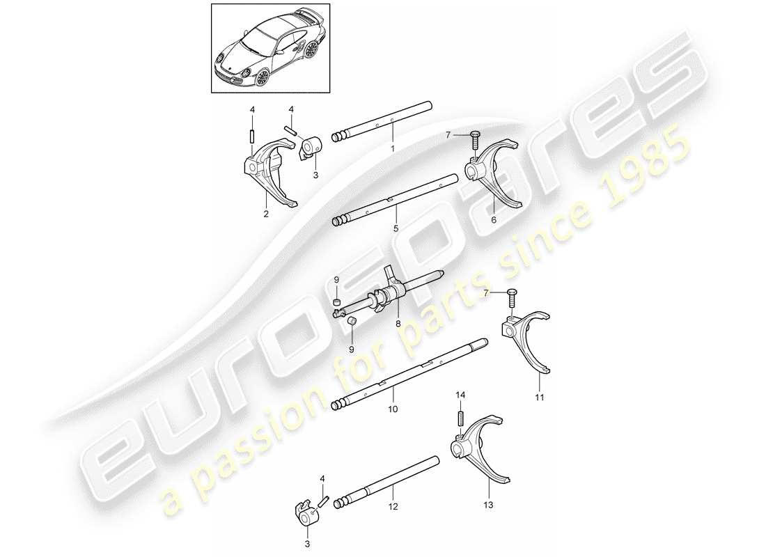 porsche 911 t/gt2rs (2011) selector shaft parts diagram