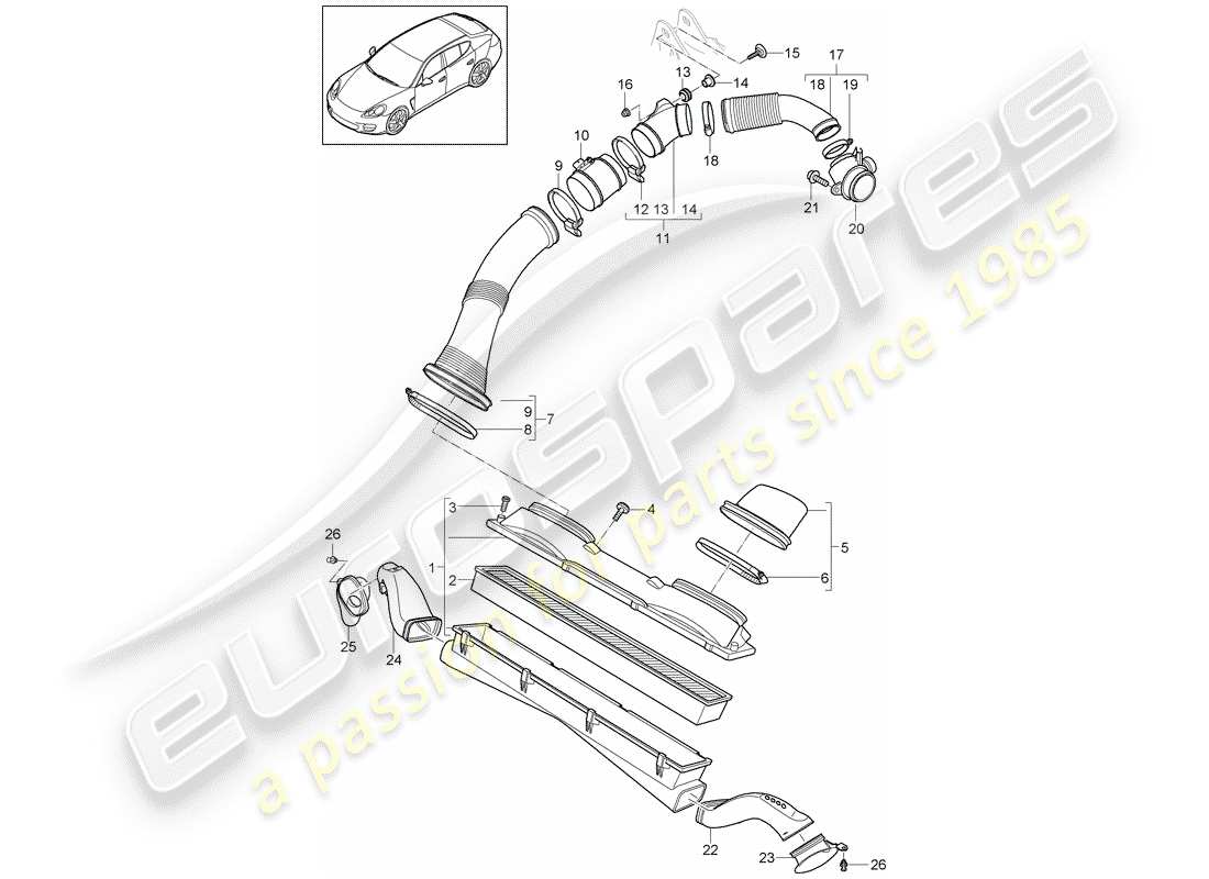 porsche 2012 (panamera 970) air filter with connecting parts part diagram