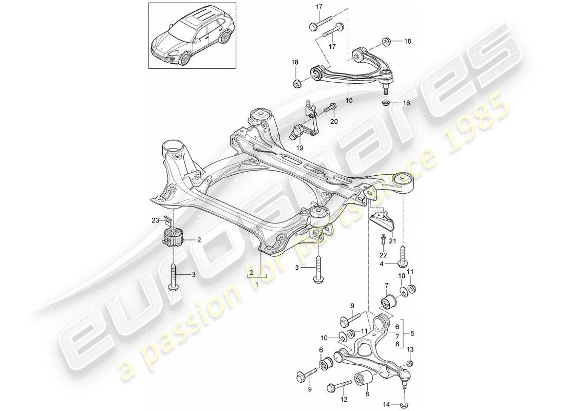 porsche 2012 (cayenne e2 92a) suspension sub-frame wishbone headlight range control level sensor d >>- mj 2014 part diagram
