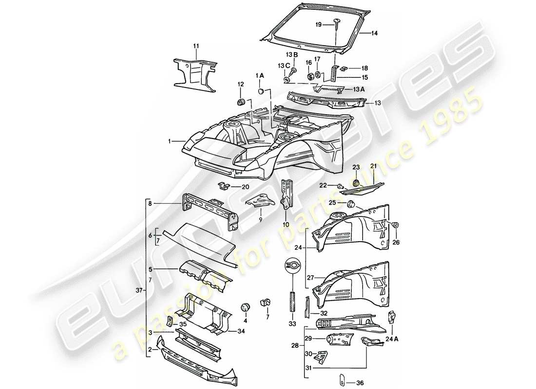 porsche 1984 (944) body front section parts diagram