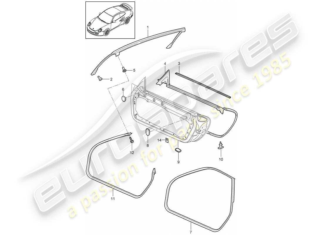 porsche 2011 (997-2 turbo / gt2 rs) door seal parts diagram