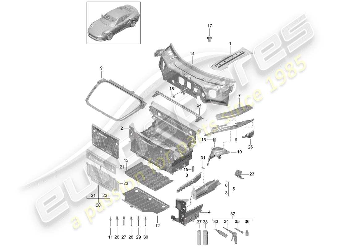 porsche 2014 (991-1 turbo) front end individual parts part diagram