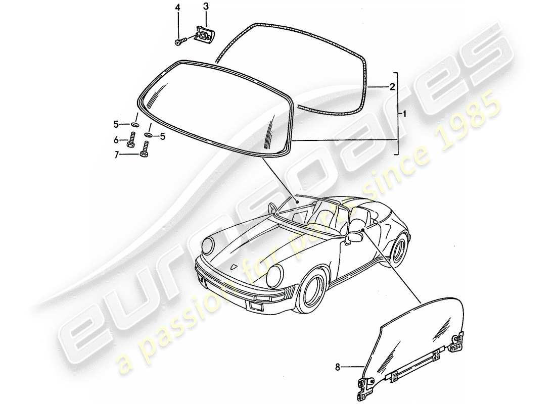 porsche 1989 (911) window glazing part diagram